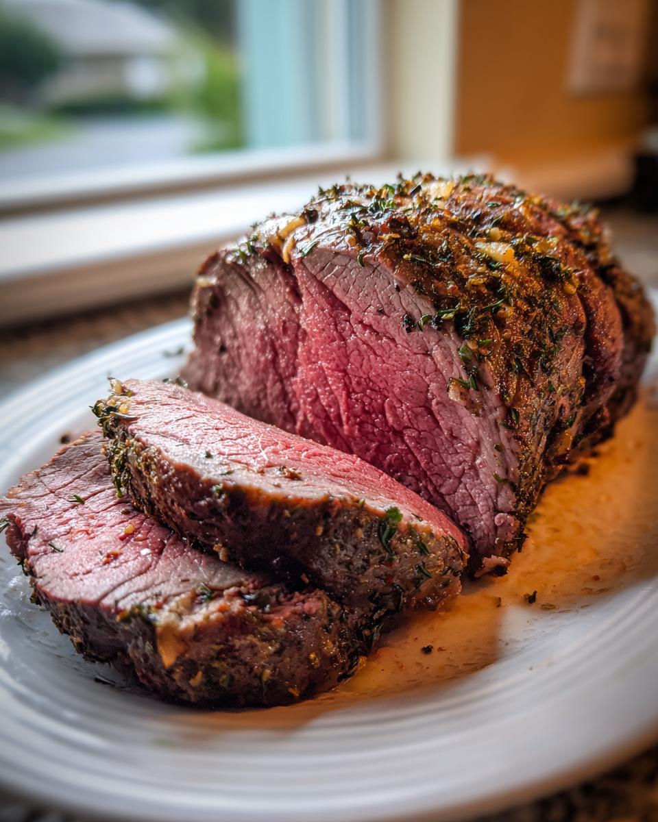 Close-up of perfectly cooked Herb-Crusted Beef Tenderloin, sliced and ready to serve.