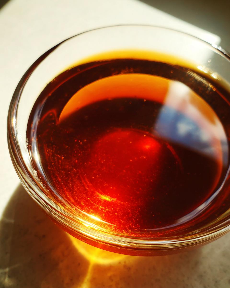 A close-up shot of rich, dark homemade Au Jus in a glass bowl, reflecting sunlight.
