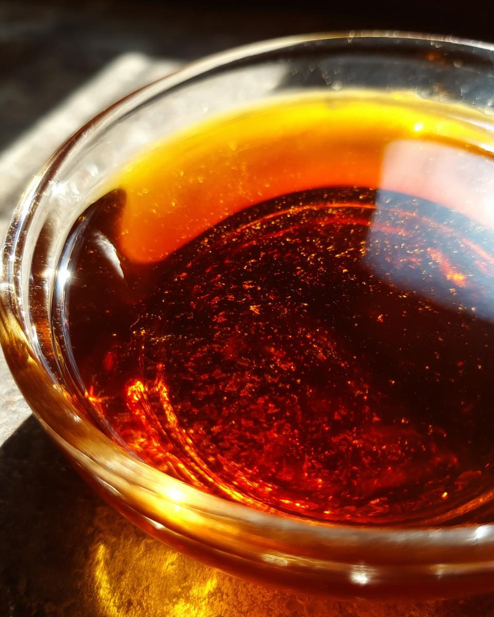 Close-up of rich, dark homemade Au Jus in a clear glass bowl, with light glinting off the surface.
