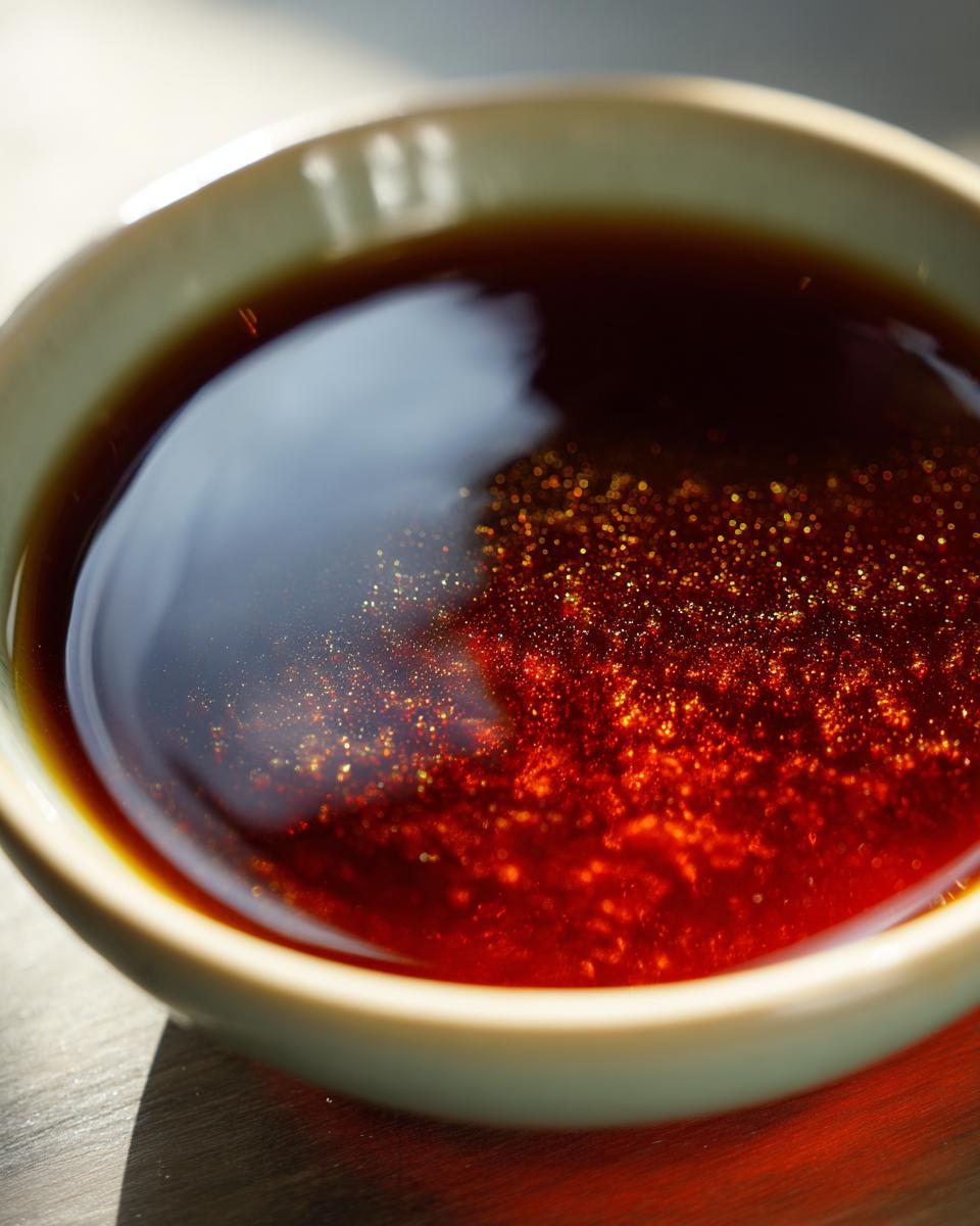 Close-up of rich, dark homemade Au Jus in a bowl, with shimmering golden flecks.