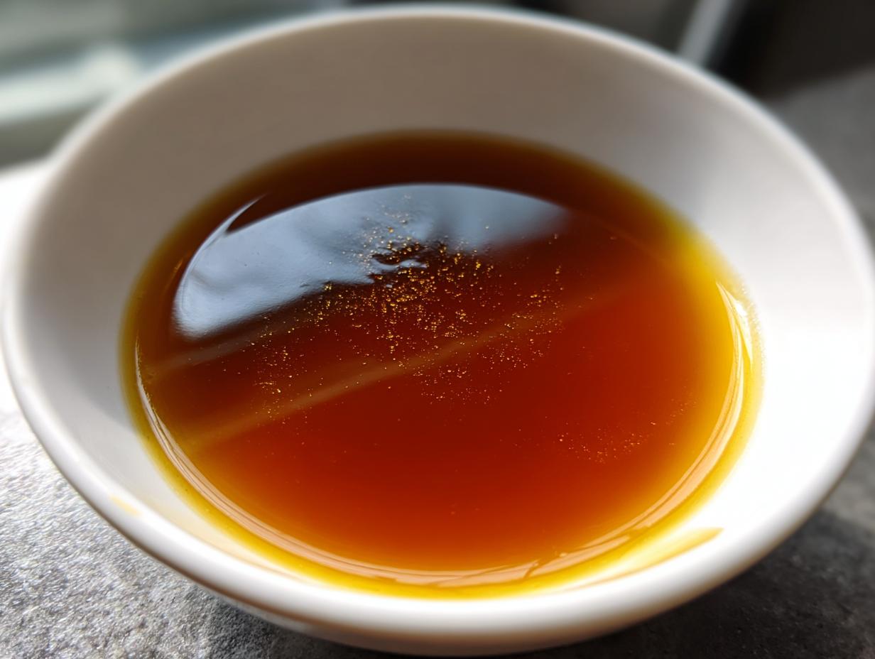 Close-up of rich, savory homemade au jus in a white bowl, showcasing its deep brown color and slight sheen.
