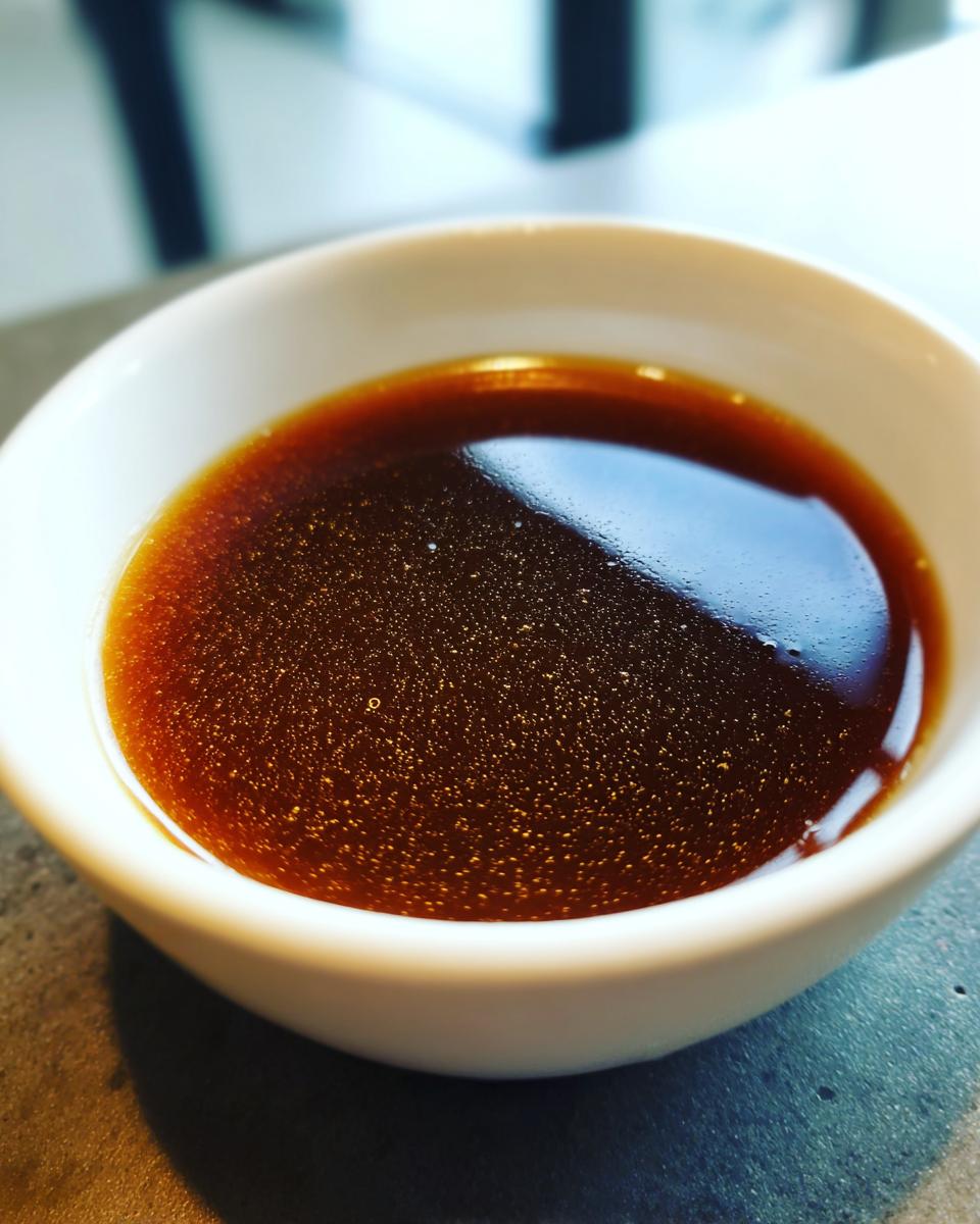 A close-up of a white bowl filled with rich, homemade au jus, perfect for the Best Homemade Au Jus Recipe.