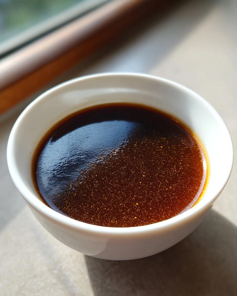 A white bowl filled with rich, homemade au jus, showcasing its deep brown color and subtle sheen.