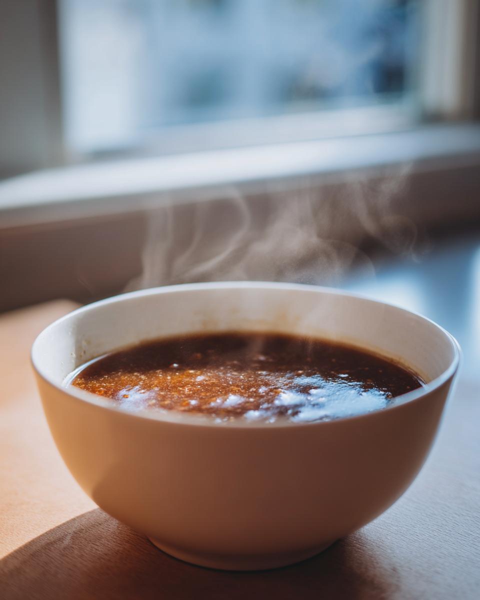 A steaming bowl of rich, homemade au jus, perfect for dipping or enhancing dishes.