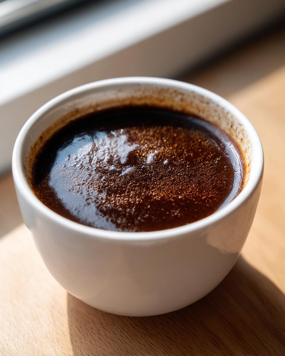 Close-up of rich, dark homemade au jus in a white bowl, perfect for the Best Homemade Au Jus Recipe.