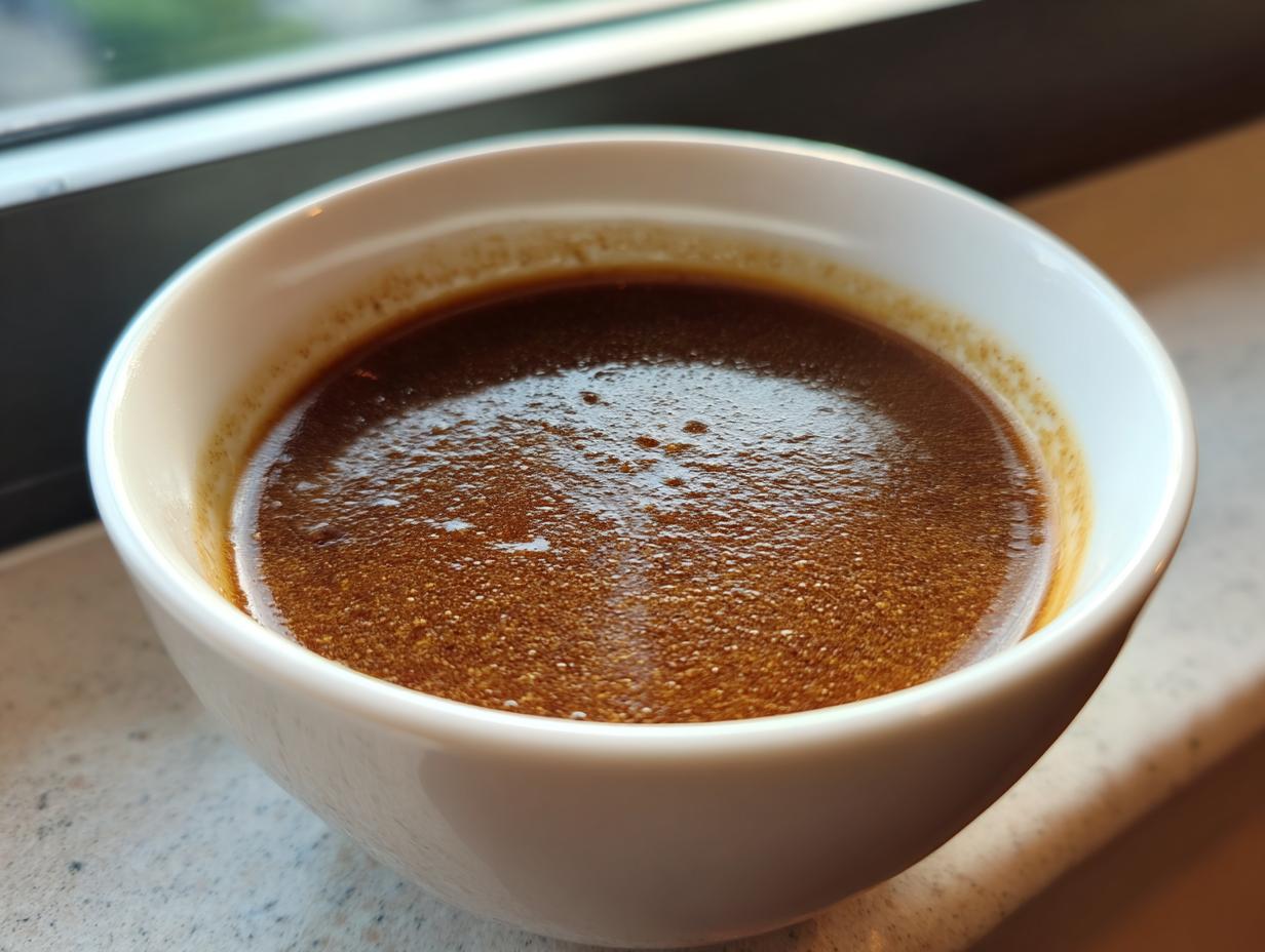 A close-up of a white bowl filled with rich, homemade au jus, perfect for the Best Homemade Au Jus Recipe.