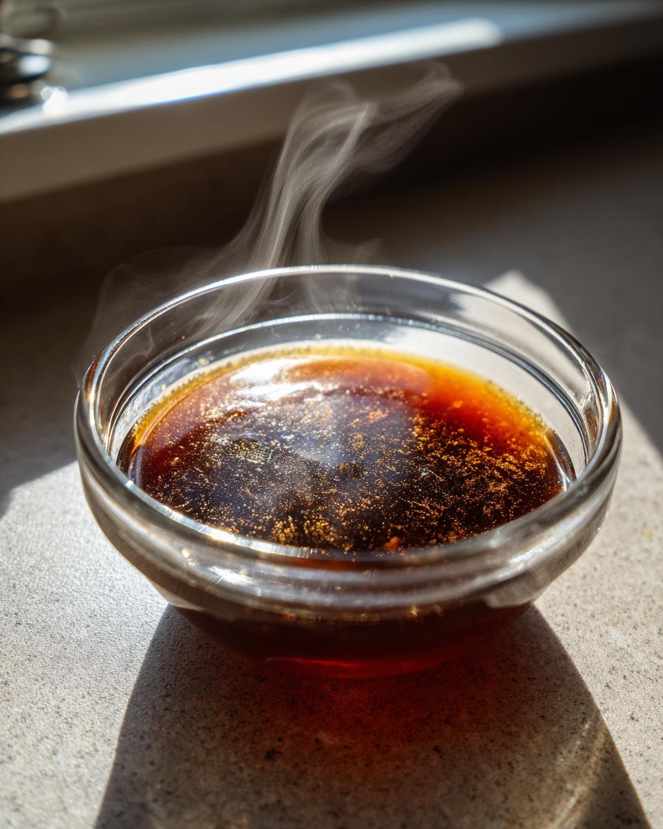 A steaming bowl of homemade au jus, showcasing its rich, dark color and savory aroma.