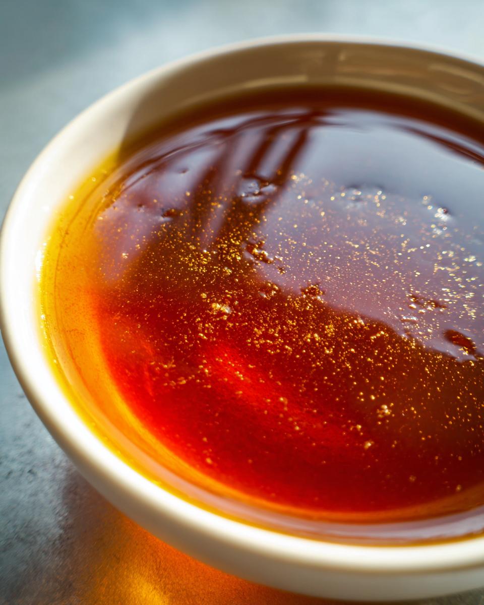 Close-up of rich, savory homemade Au Jus in a white bowl, showing its deep amber color and slight shimmer.