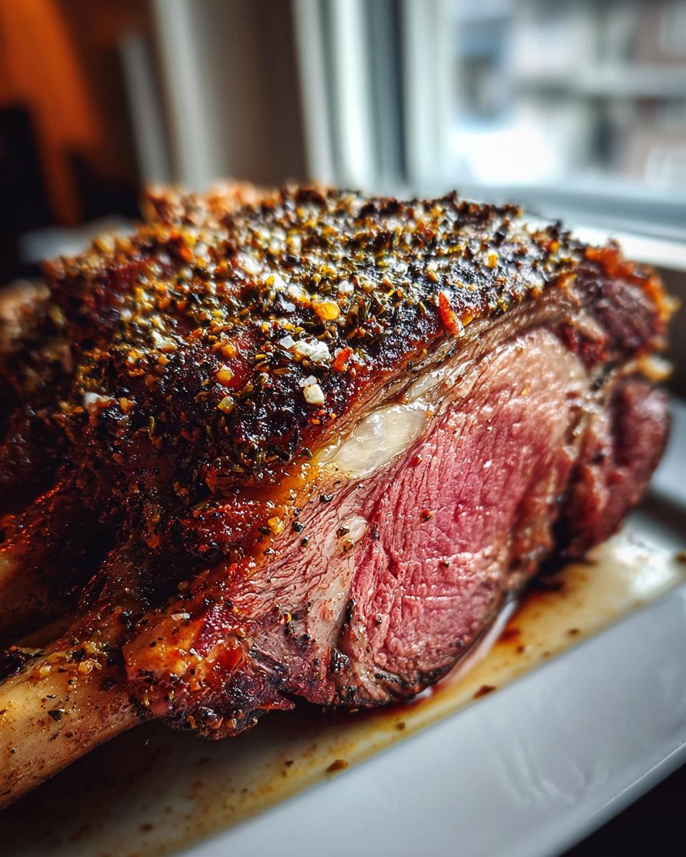 Close-up of a perfectly cooked Juicy Prime Rib Recipe (5 Ingredients) with a seasoned crust and pink interior.