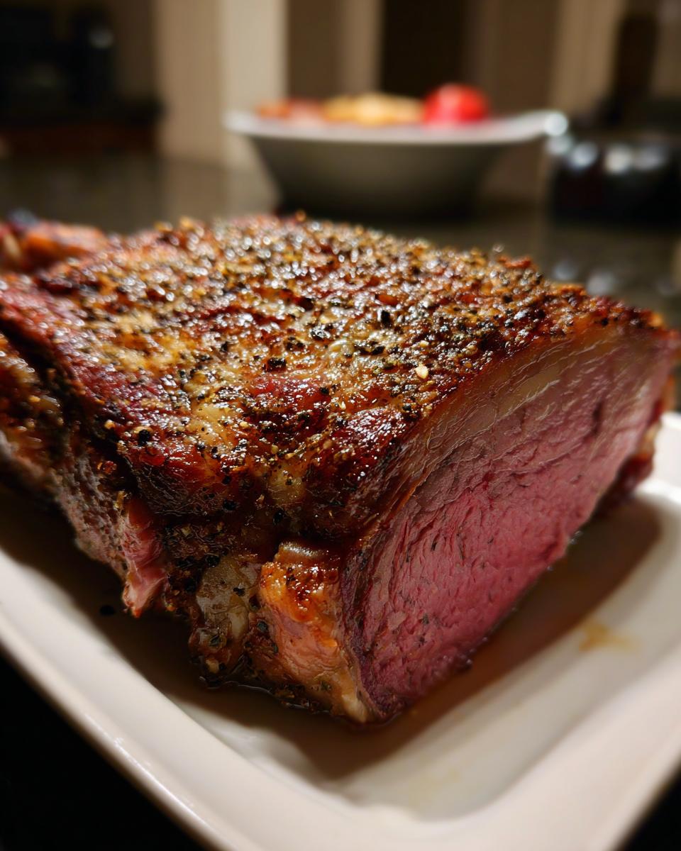 A perfectly cooked Juicy Prime Rib Recipe (5 Ingredients) with a beautiful crust and pink interior, served on a white platter.