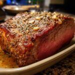 Close-up of a perfectly cooked, juicy prime rib roast seasoned with herbs and garlic.