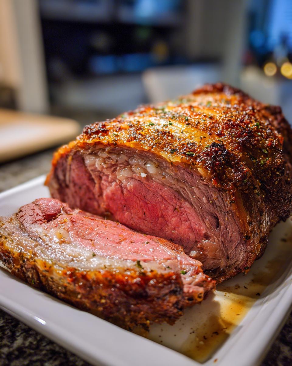 A perfectly cooked, juicy prime rib roast with a seasoned crust, sliced to reveal a tender pink interior.