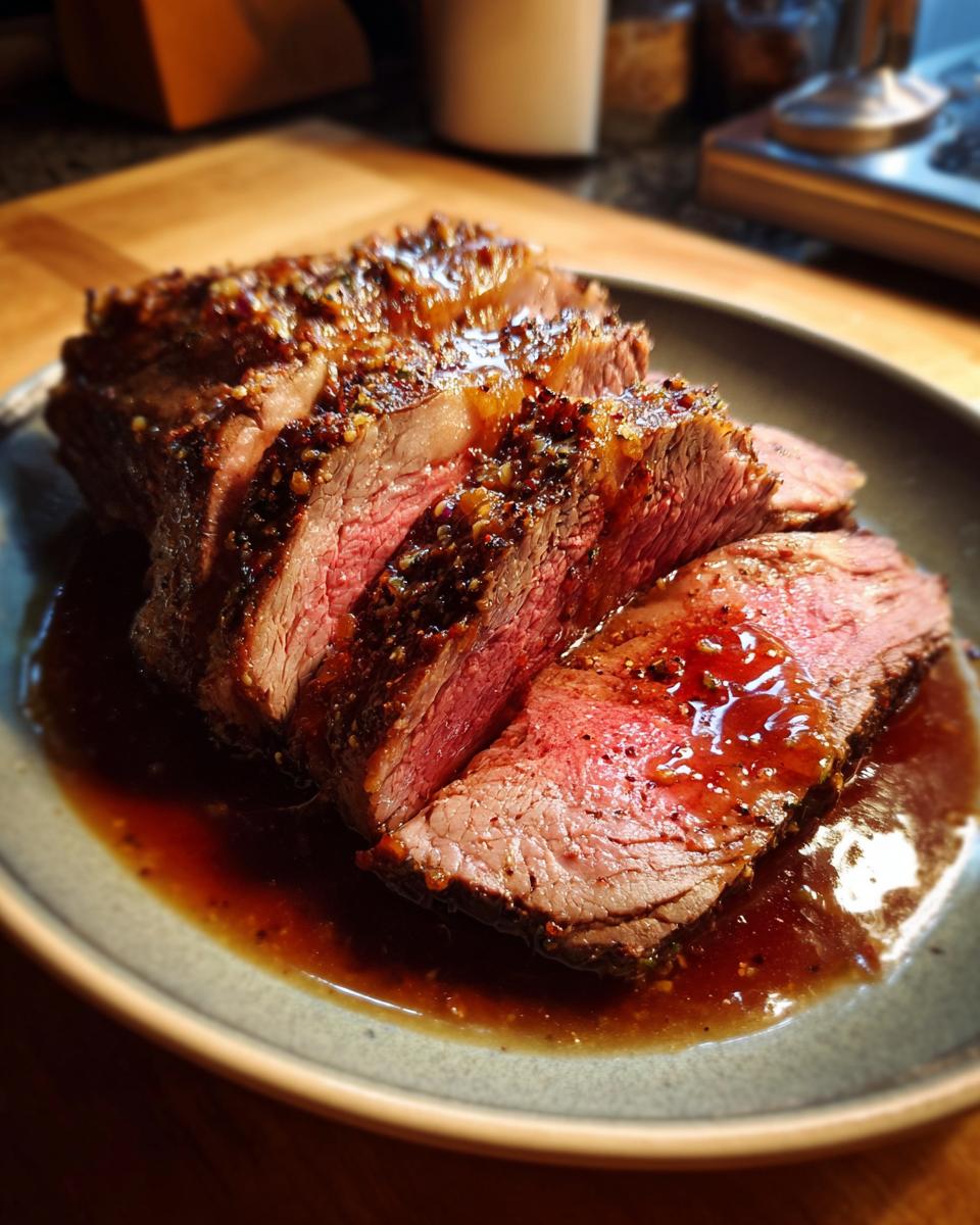 Close-up of sliced prime rib roast, glistening with au jus, showcasing a perfect medium-rare interior.