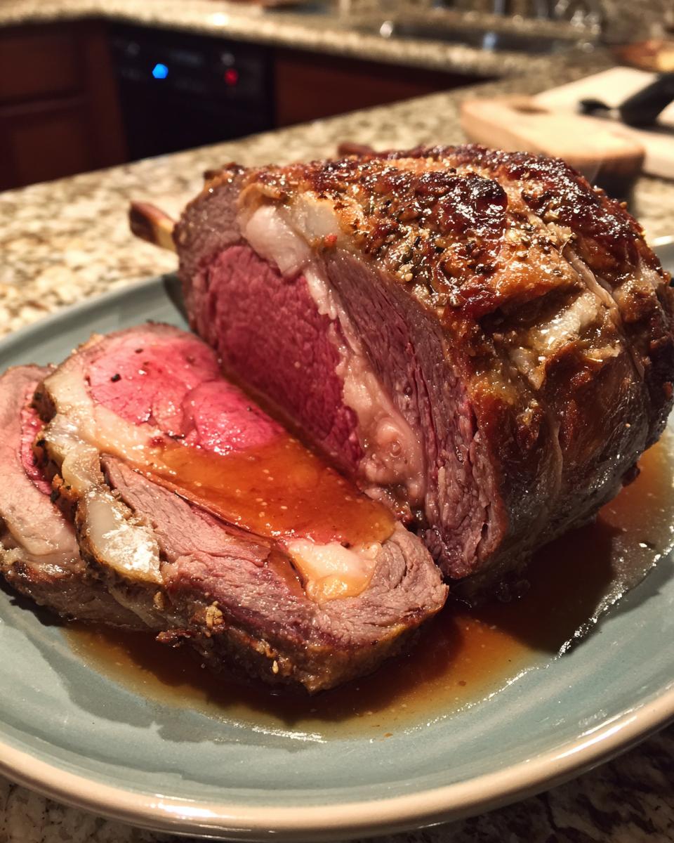 A perfectly cooked, juicy prime rib roast with a rich au jus sauce pooling around it.