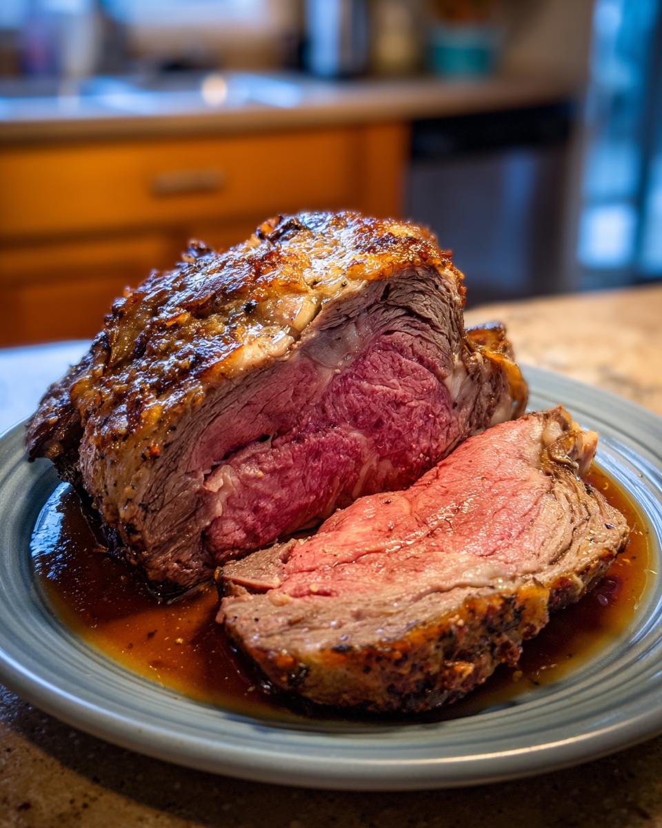 A perfectly cooked, juicy prime rib roast with a slice cut and resting in its rich au jus.
