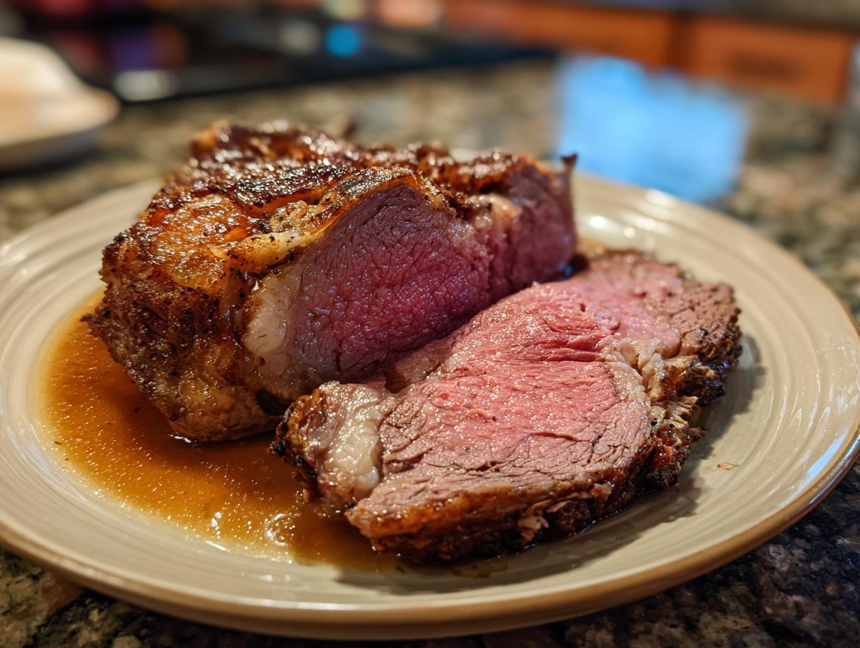 A perfectly cooked, juicy prime rib roast sliced and served with rich au jus on a plate.