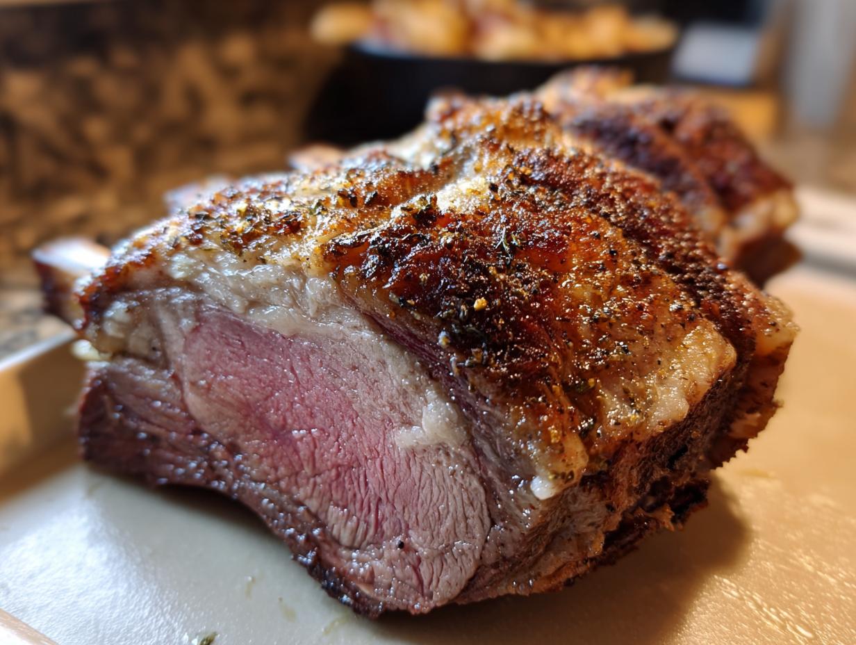 A perfectly cooked, juicy prime rib roast with a browned, seasoned crust and tender pink interior.