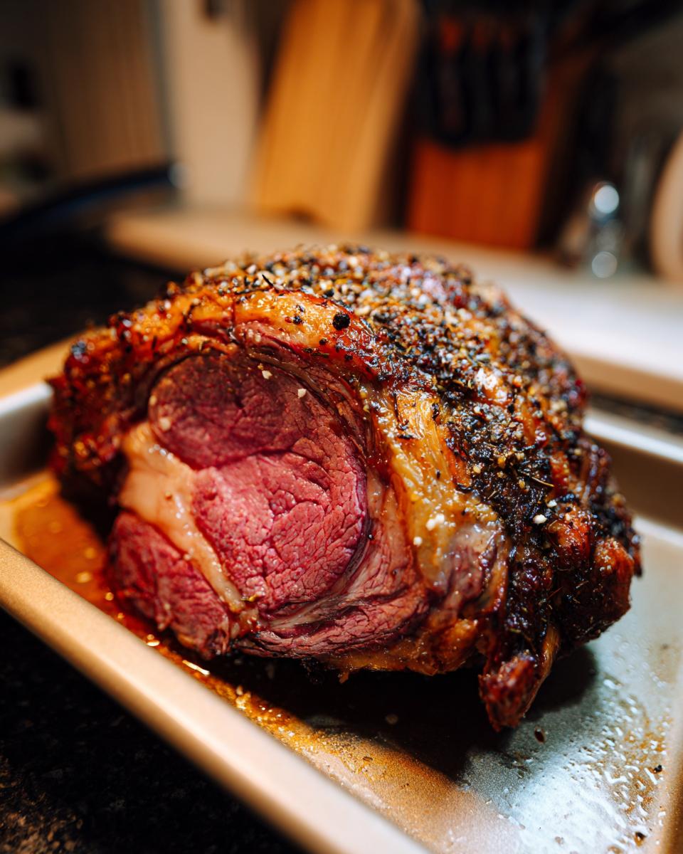 A perfectly cooked, juicy prime rib roast with a dark, seasoned crust, resting in a roasting pan.