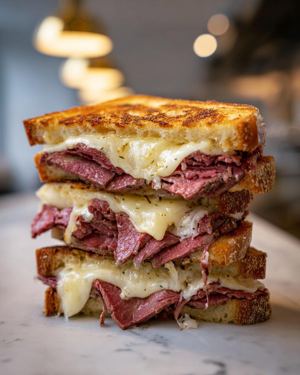 A tall, stacked Leftover Prime Rib Sandwich with melted cheese and toasted bread.