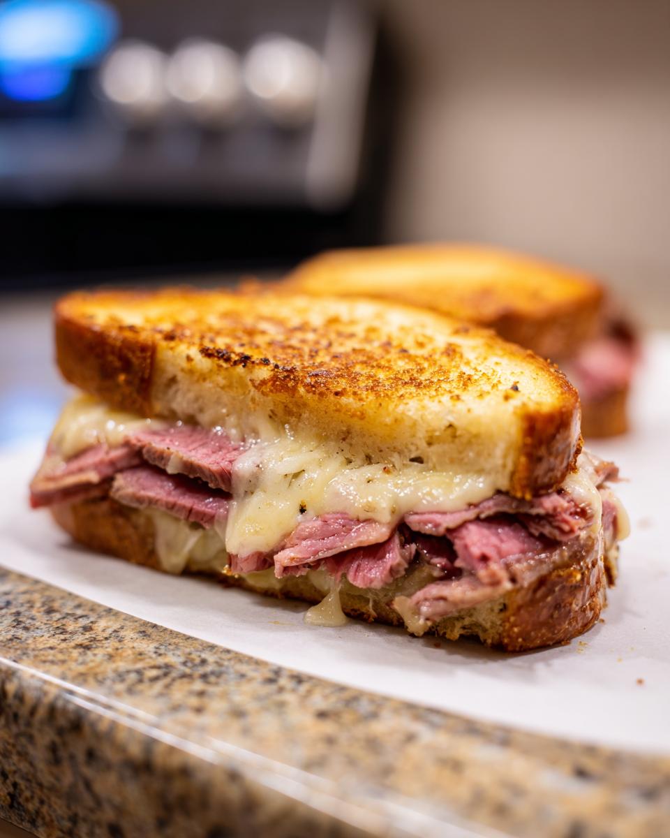 Close-up of a delicious Leftover Prime Rib Sandwich with melted cheese and toasted bread.