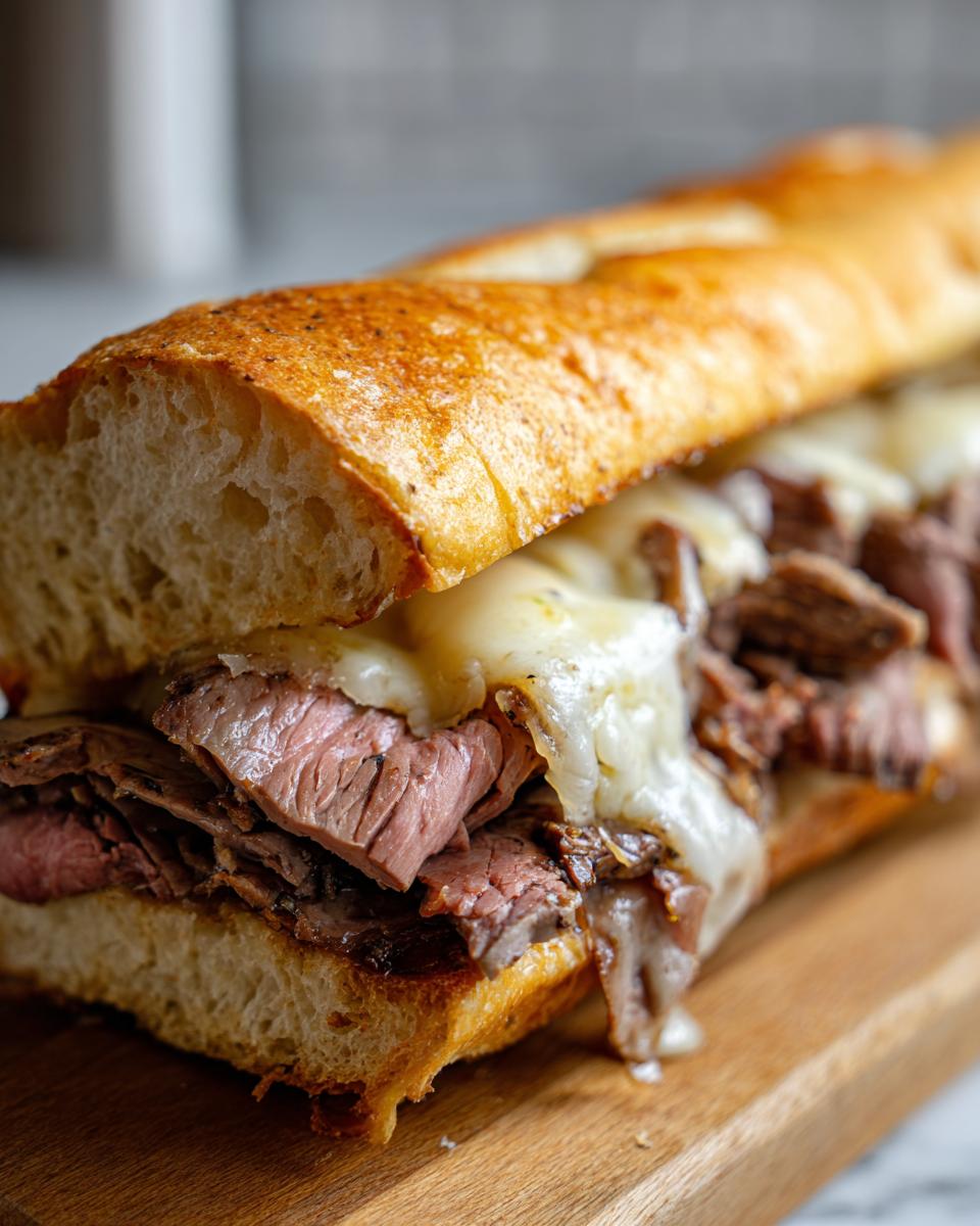 Close-up of a delicious Leftover Prime Rib Sandwich with melted cheese oozing out.