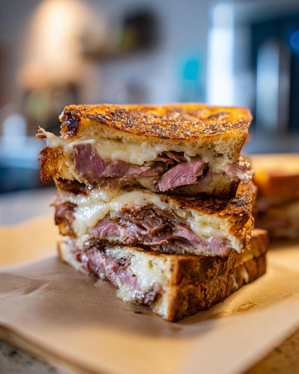 Stack of two halves of a Leftover Prime Rib Sandwich with melted cheese and toasted bread.