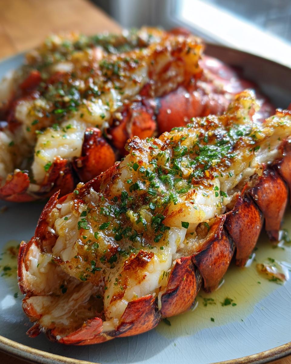 Close-up of two succulent lobster tails, baked and topped with butter, garlic, and herbs, ready to be served.