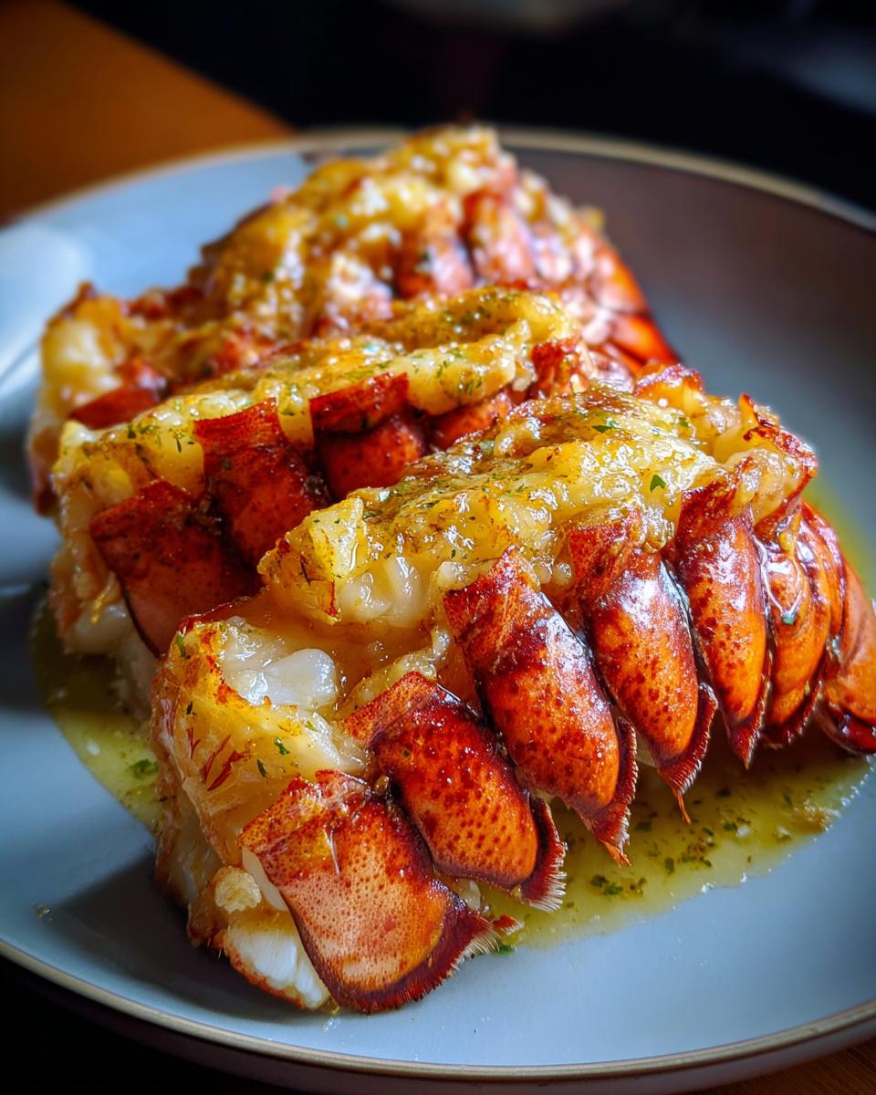 Close-up of a perfectly cooked Lobster Tail at Home, glistening with butter and herbs on a plate.