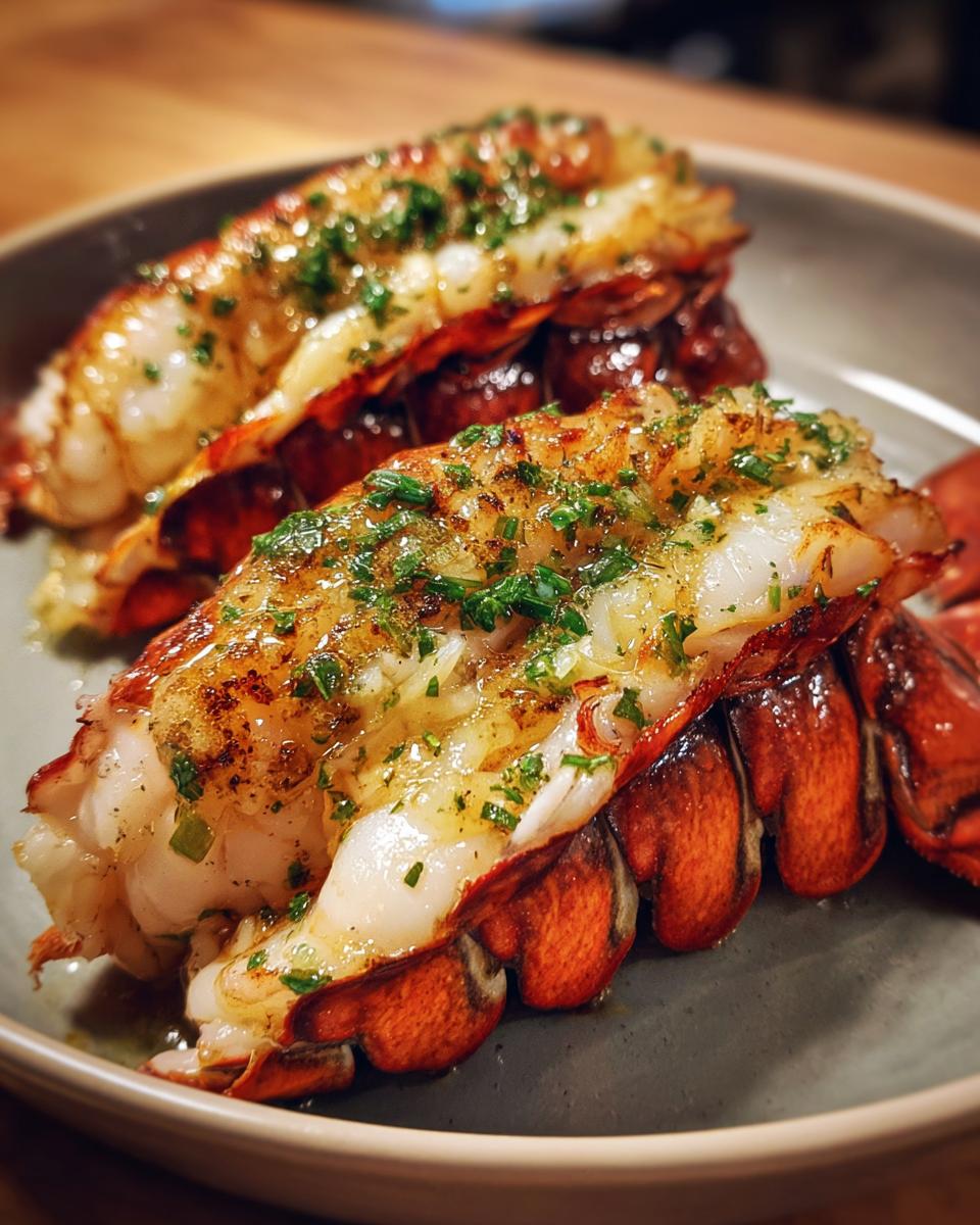 Close-up of two perfectly cooked lobster tails at home, glistening with butter and herbs.