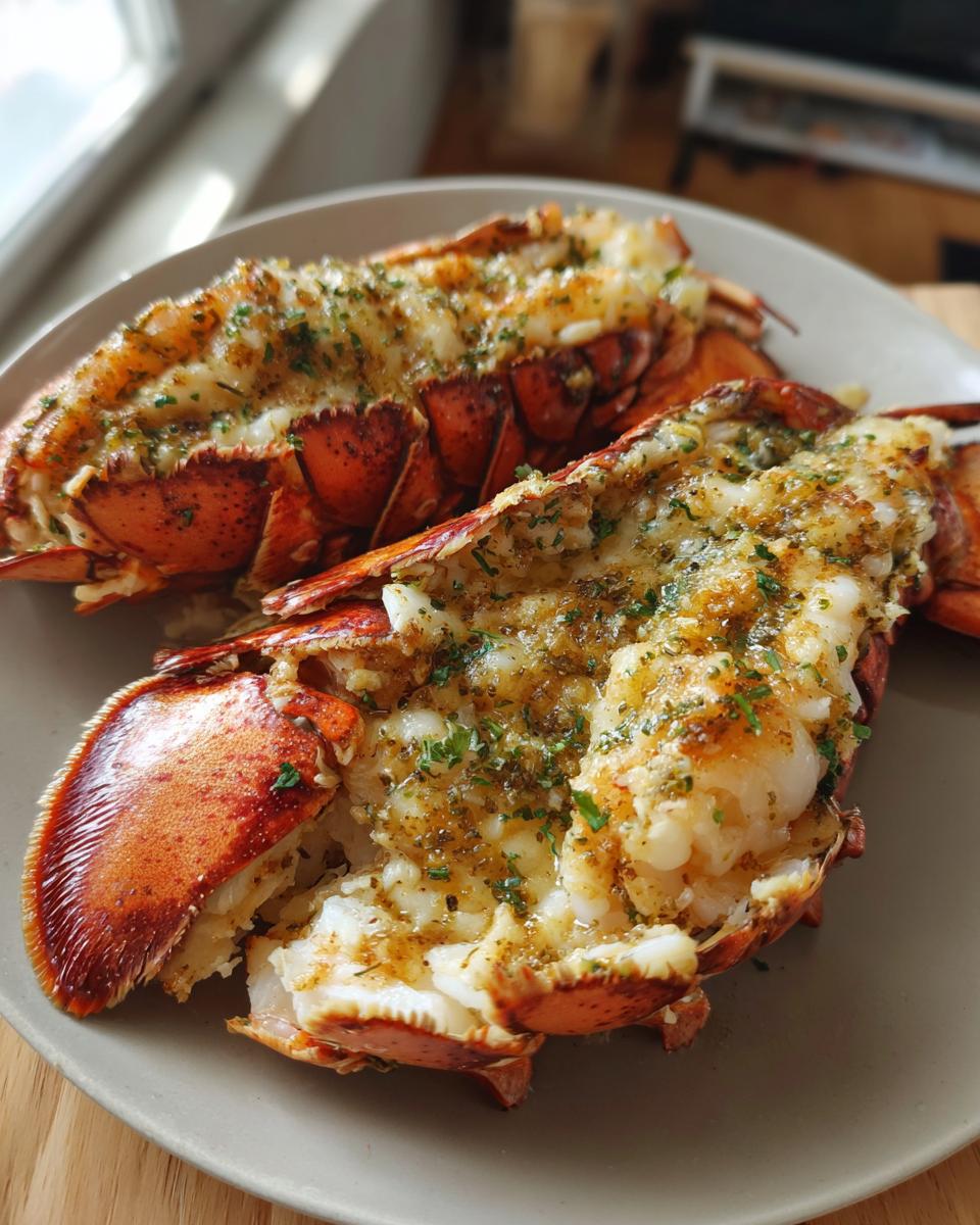 Two perfectly cooked lobster tails, seasoned and garnished with herbs, ready to be enjoyed at home.