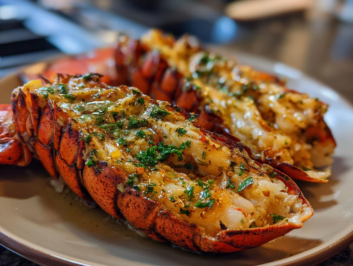 Close-up of two succulent lobster tails cooked at home, brushed with butter and herbs, ready to eat.