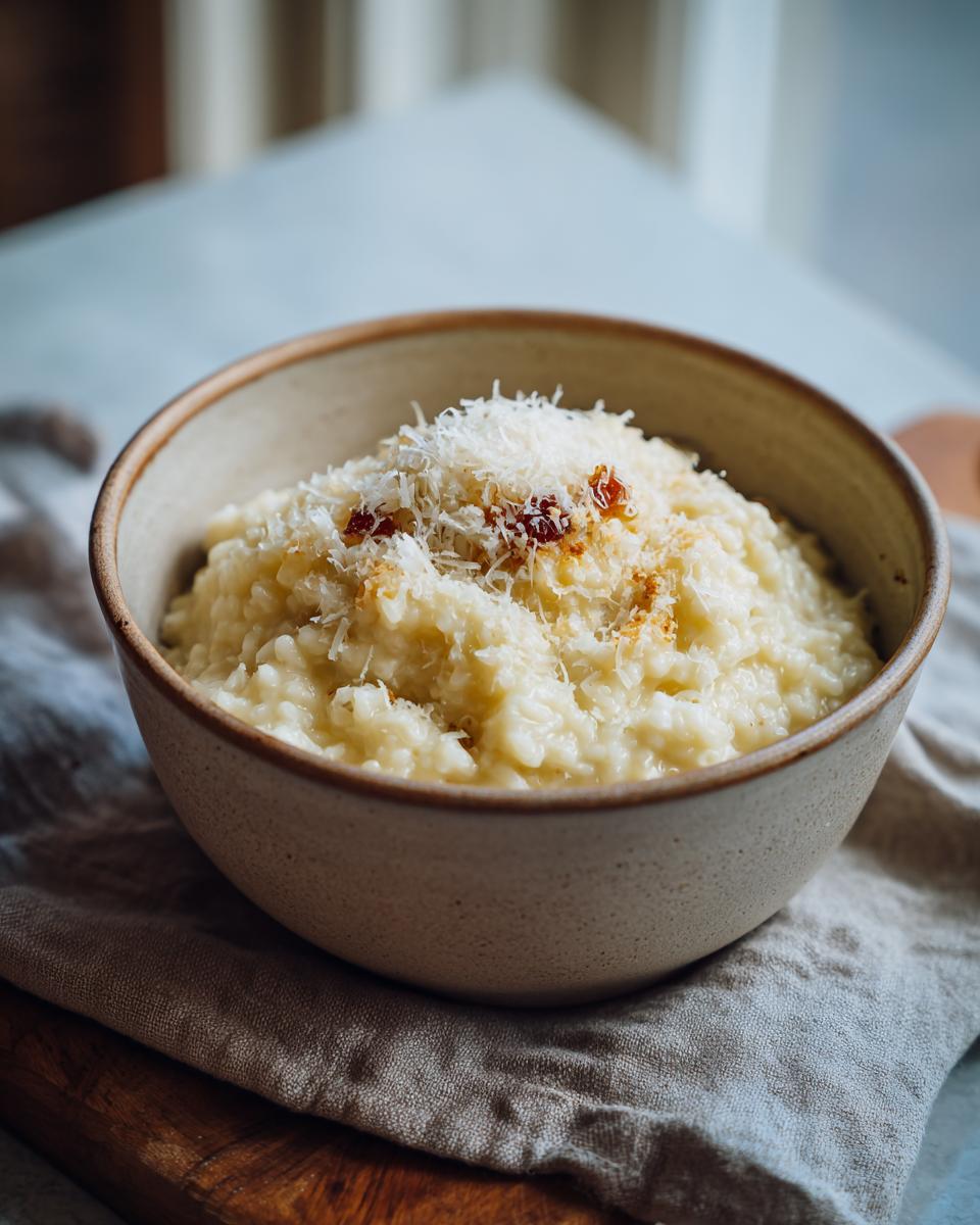 A close-up of a bowl filled with creamy Parmesan Risotto, topped with grated cheese and a drizzle of sauce.
