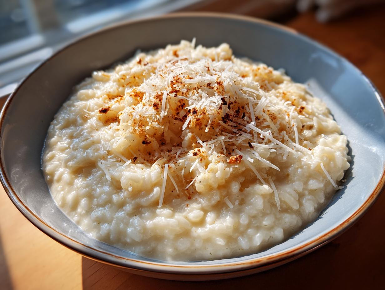 A close-up of a bowl of creamy Parmesan Risotto, topped with grated Parmesan cheese and a sprinkle of paprika.