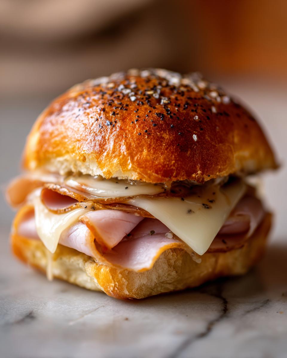 Close-up of a delicious make-ahead midnight snack slider with layers of ham, melted cheese, and a seasoned bun.