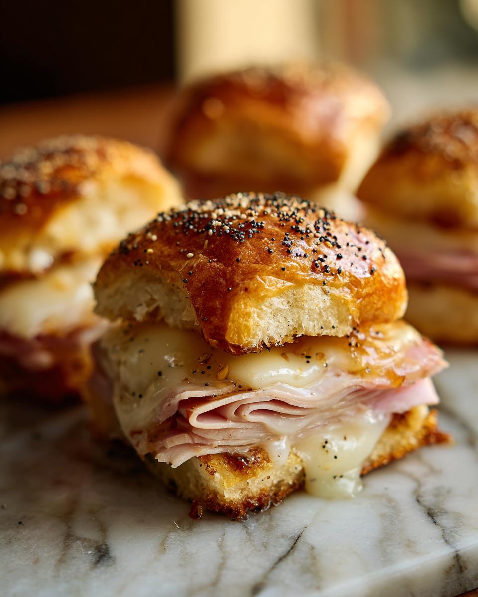 Close-up of a delicious Midnight Snack Slider made with ham, melted cheese, and a toasted bun sprinkled with seeds.