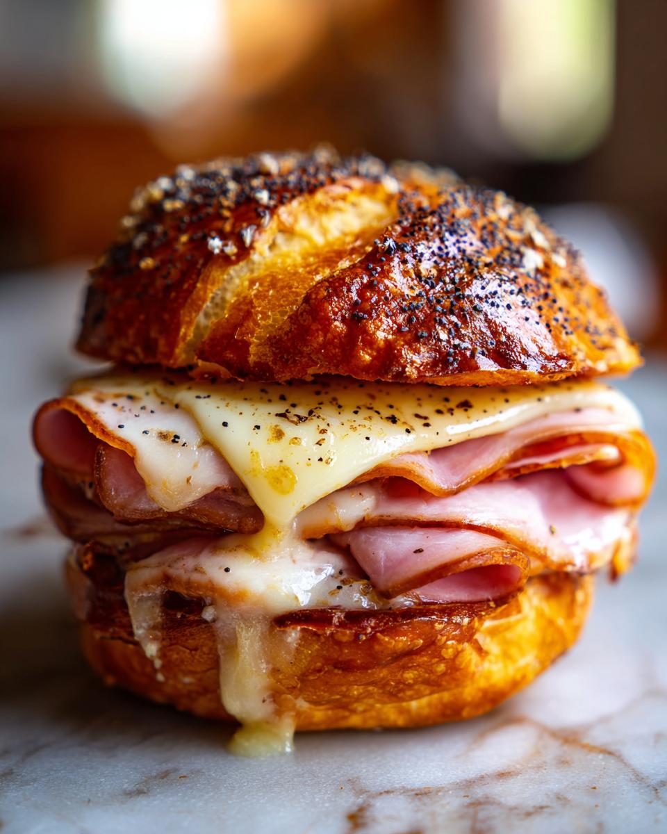 Close-up of a delicious Midnight Snack Slider made with ham, melted cheese, and a poppy seed bun.