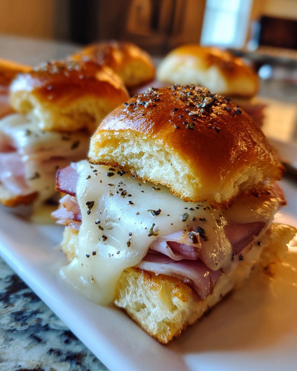 Close-up of a delicious Midnight Snack Slider with melted cheese and ham on a white plate.