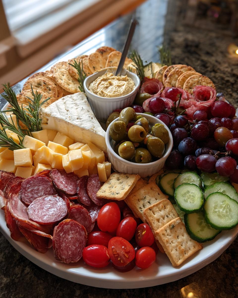 A festive NYE Party Appetizer Board for a crowd, featuring cheese, charcuterie, grapes, olives, crackers, and hummus.