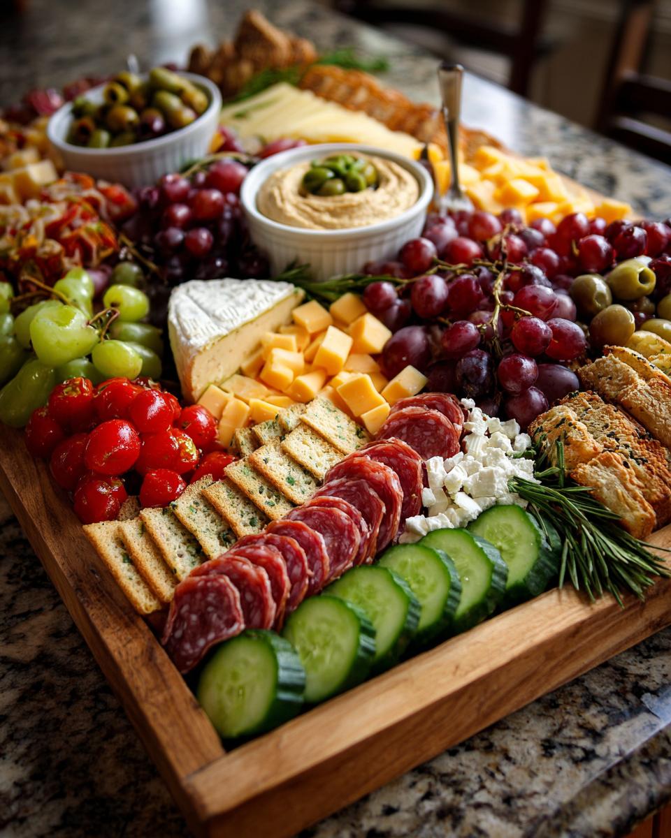 A festive NYE Party Appetizer Board for a Crowd, featuring an assortment of cheeses, meats, grapes, olives, and crackers.