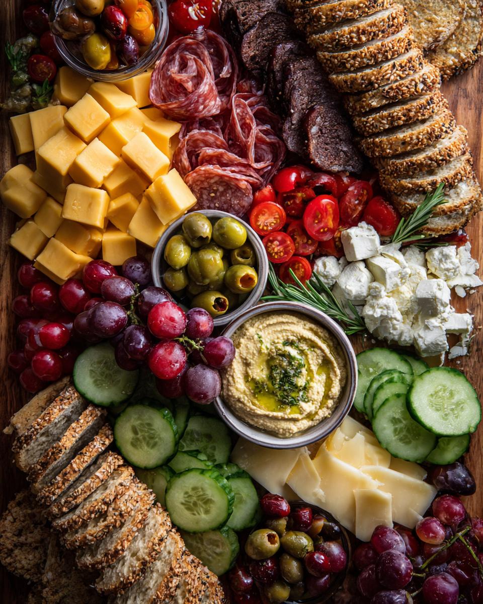 Overhead view of a festive NYE Party Appetizer Board for a Crowd, featuring cheeses, meats, olives, grapes, hummus, and crackers.