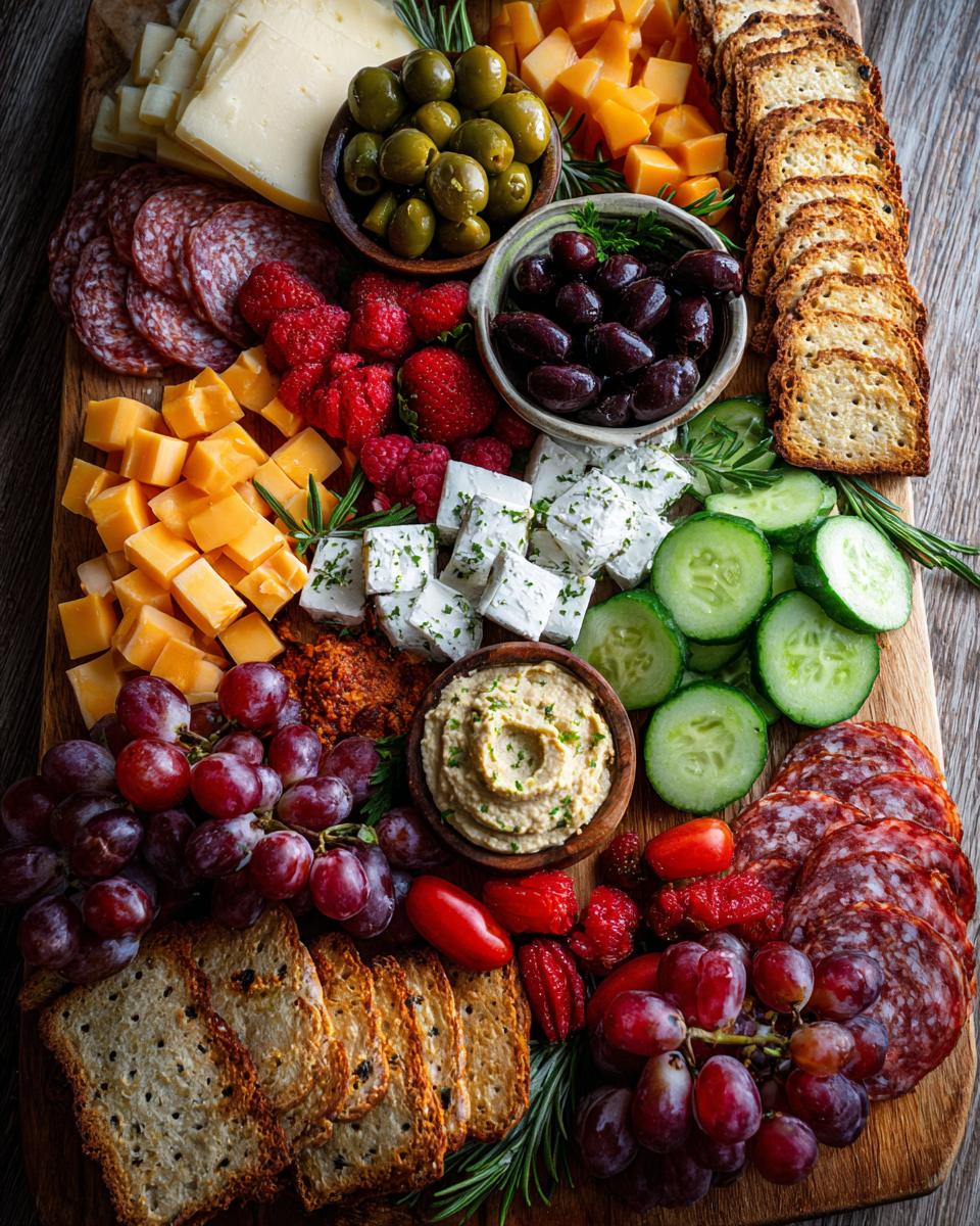 A vibrant and abundant NYE Party Appetizer Board featuring cheeses, salami, olives, fruits, crackers, and hummus.