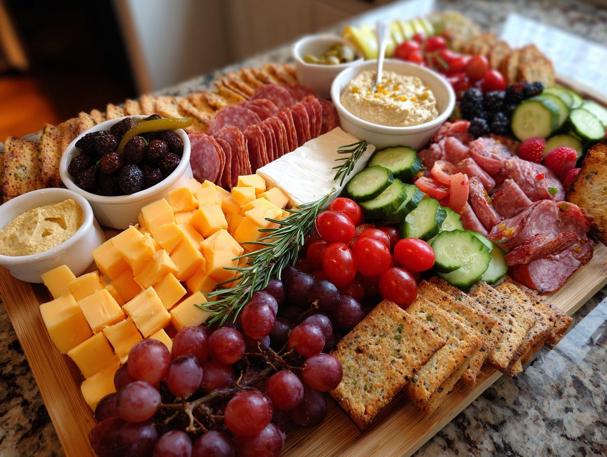 A large NYE Party Appetizer Board for a Crowd featuring cheese, salami, crackers, grapes, olives, and hummus.