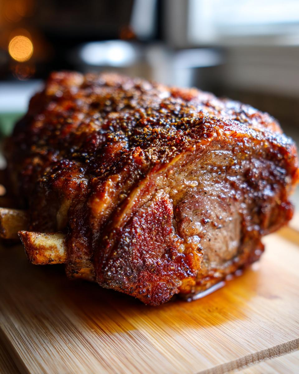 A close-up of a perfectly roasted prime rib with a flavorful crust, ready to be carved. This is the best oven roasted prime rib recipe.