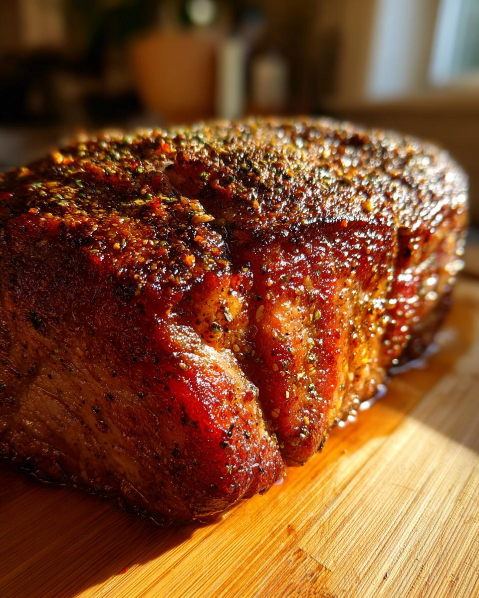 Close-up of a perfectly roasted prime rib with a flavorful crust, ready to be carved.
