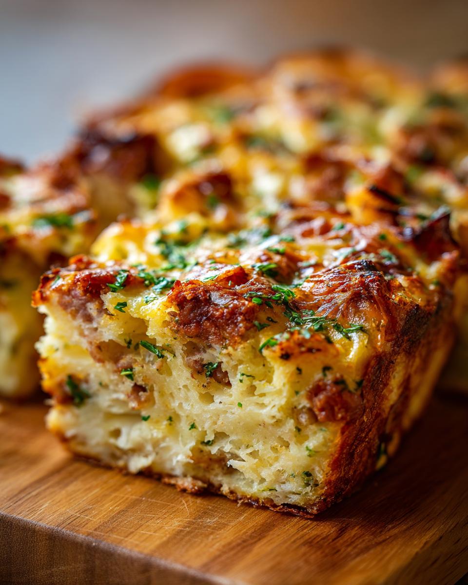 A close-up of a slice of Overnight Breakfast Casserole (Make-Ahead) on a wooden board, garnished with parsley.