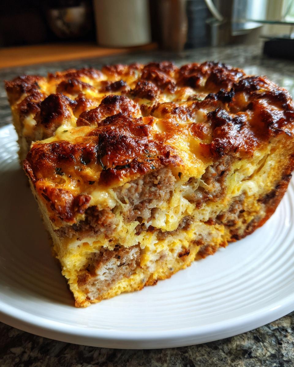 A thick slice of Overnight Breakfast Casserole (Make-Ahead) with layers of sausage, egg, and bread on a white plate.