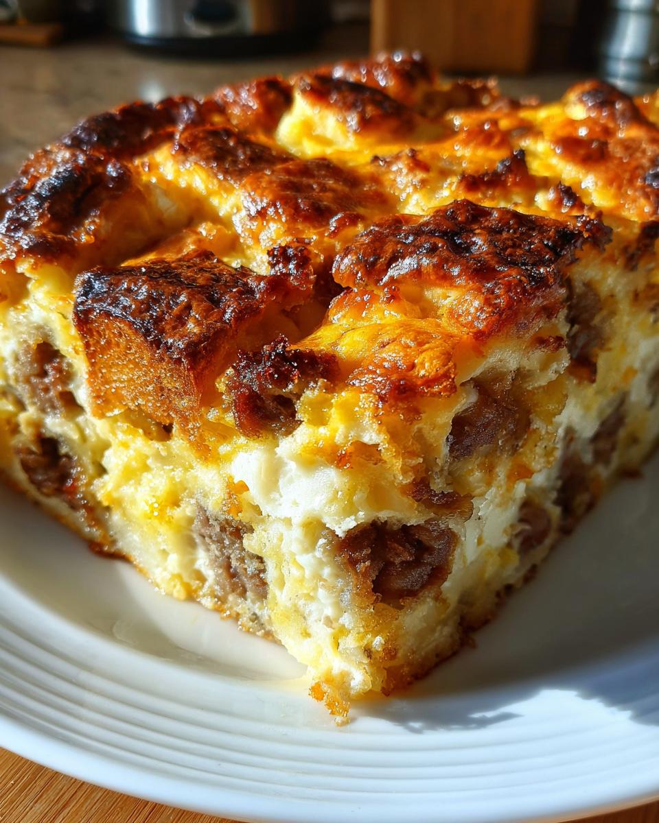 A close-up of a slice of Overnight Breakfast Casserole (Make-Ahead) on a white plate, showing layers of bread, sausage, and egg.