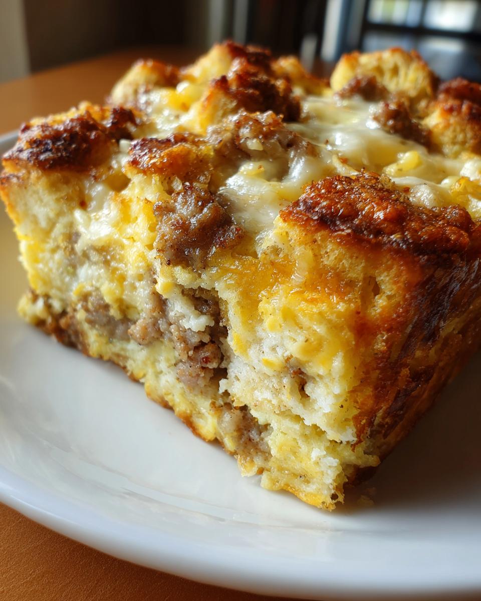 A close-up of a slice of Overnight Breakfast Casserole on a white plate, featuring sausage, eggs, and bread.