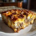 A delicious slice of Overnight Breakfast Casserole (Make-Ahead) with sausage and cheese on a white plate.