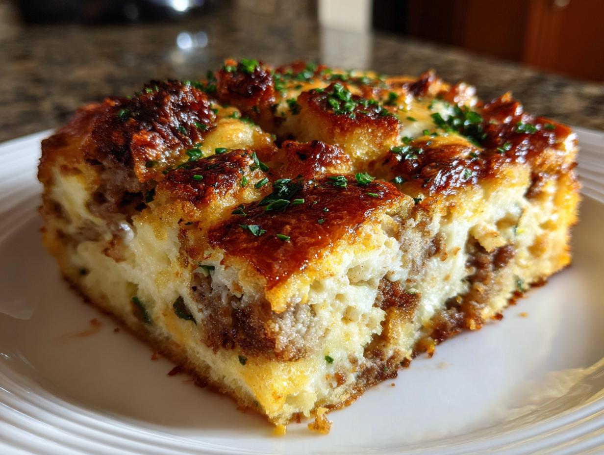 A delicious slice of Overnight Breakfast Casserole (Make-Ahead) with sausage and crispy bread, garnished with herbs.